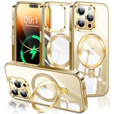 Imagem de ESTPEAK Capa de Titânio Dourado CD Mag-Stand para iPhone 14 Pro com anel magnético invisível, [apto para MagSafe] [nunca amarela] Capa de telefone transparente para iPhone 14 Pro 6,1 polegadas homens