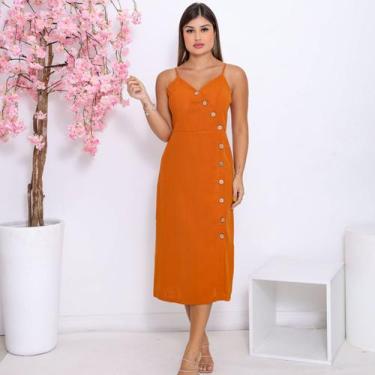 Imagem de Vestido Midi Feminino De Alcinha e Botões com Fenda Decote V Delicado 