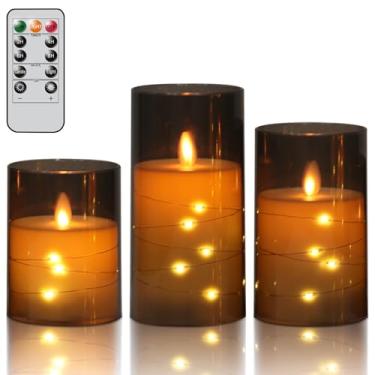 Imagem de DRomance Velas de vidro preto sem chama, cordão de luzes com temporizador remoto, pavio móvel, operado por pilar, velas LED cintilantes, plástico, jantar, casamento, Natal, Natal, decoração D3 x H4,