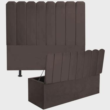 Imagem de Kit Cabeceira Estofada e Calçadeira Baú Recamier Dallas 90cm Solteiro Corino Marrom - Ahz Móveis