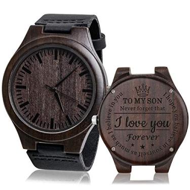 Imagem de Relógio de pulso masculino de quartzo analógico vintage com gravação personalizada feito à mão e pulseira de couro de vaca para presente personalizado para o papai, presentes de aniversário de Natal da Filha, Sleek Ebony Wood - For Son From Mom