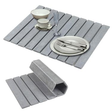 Imagem de Pimaja Tapete de secagem de pratos de pedra dobrável, 61 cm (C) × 40,6 cm (L), secagem rápida, absorvente de água, colapsível, ecológico, tapetes de secagem de pratos de terra diatomácea para pratos