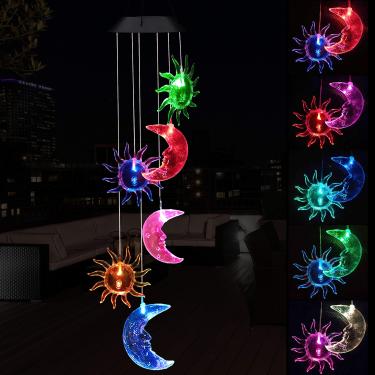 Imagem de Camisas solares de sol e lua ao ar livre – À prova d'água energia solar LED mudança de cor luas e sóis móvel Vento romântico Chime para casa, varanda, festa, festivais, decoração de jardim noturno (preto)