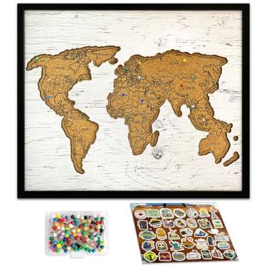 Imagem de flinelife Quadro de pinos de mapa mundial, 30 x 25 cm, tamanho médio, mapa mundial de viagem com alfinetes, perfeito para casais e famílias de presente