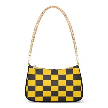 Imagem de Zhirexin Bolsa feminina listrada preta amarela com corrente, carteira clássica para festa de casamento, bolsa de mão, A, 7.1x11x2.8in