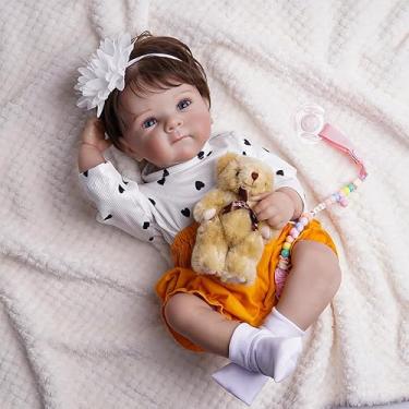 Imagem de Bebê Reborn Boneca Silicone Menina Realista Pintada Olhos Azuis 48cm (Cabelo Castanho)