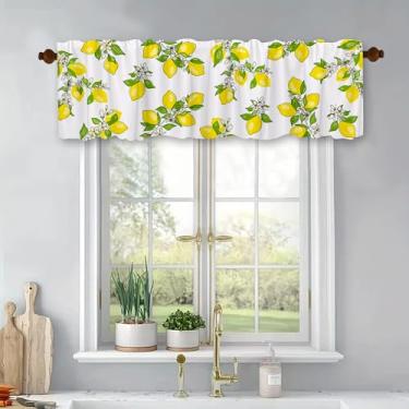 Imagem de Cortina curta Farmhouse com estampa de limão para janelas, cozinha, sala de estar, bolso para varão, banheiro, janela pequena, tratamento de verão, país, frutas amarelas, poliéster, 137 x 45 cm