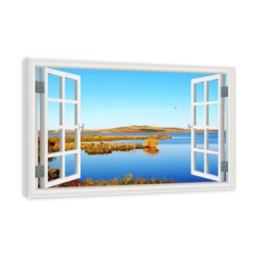 Imagem de PY3H69 Arte de parede em tela de janela aberta, impressão natural em tela. Lindo cenário de montanha 48 cm, decoração de parede de paisagem de janela, decoração de casa moderna. Moldura interna