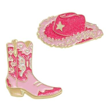 Imagem de JHCHUYI 2 peças de broche personalizado de menina de cowboy de desenho animado de alta qualidade emblema de mochila de metal chapéu de cowboy rosa, design de botas retrô, enfeite de chapéu de roupas