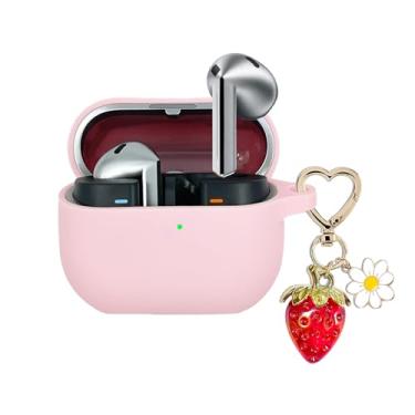 Imagem de AGAOSH Capa para Samsung Galaxy Buds 3 e Galaxy Buds 3 Pro, chaveiro fofo com pingente de morango, estampa rosa, capa protetora de silicone macio margarida para Galaxy Buds3 Pro, fones de ouvido para