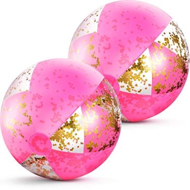 Imagem de BBTO 2 bolas infláveis de praia com glitter de 40,6 cm, bolas de confete rosa para piscina no verão, praia, piscina, brinquedos, lembrancinha de festa do Havaí Luau
