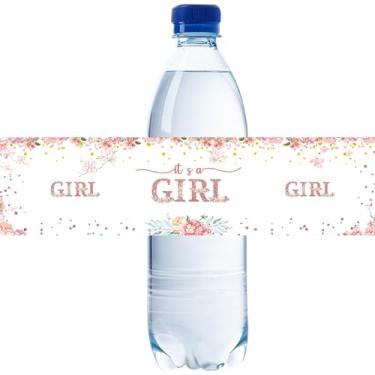 Imagem de 32 etiquetas de garrafa de água de ouro rosa It's A Girl, adesivos de garrafa de água Sweet Baby Girl, etiquetas florais de revelação de gênero, decoração floral para chá de bebê/bebê menina 1º