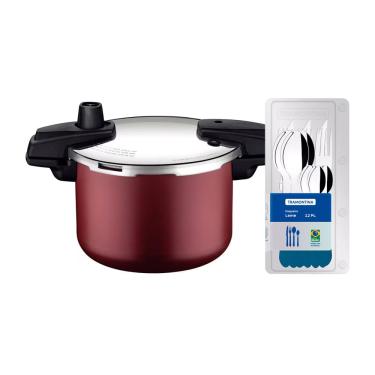 Imagem de Panela de Pressão Tramontina Arizona em Alumínio, Revestimento Starflon Max 4,5L – Vermelha + Faqueiro 12 Peças Leme, Lâminas em Aço Inox – Azul