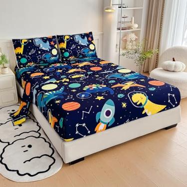 Imagem de MWMWMW Jogo de lençol solteiro com estampa de dinossauro, 3 peças, lençol de microfibra com estampa de planeta fofo, azul escuro para meninos e crianças, azul escuro com fronha