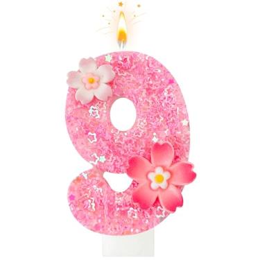Imagem de Vela de aniversário de flor rosa, número 9 velas de aniversário para bolo, decoração de bolo para festas de aniversário, aniversário de casamento e outras celebrações (flor 9)