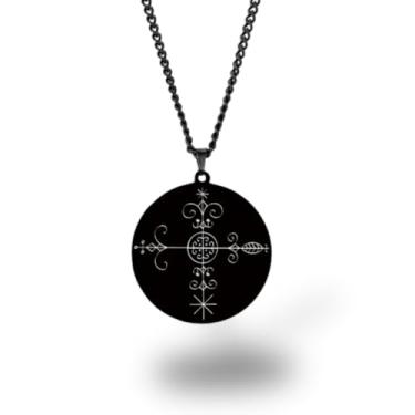 Imagem de Colar Vevê Vodu – Pingente com Símbolos dos Lwas em Aço Inoxidável (Prata, Ouro ou Preto) • Amuleto Espiritual Afro-Caribenho de Proteção, Magia e Fé (Bossou, Preto)