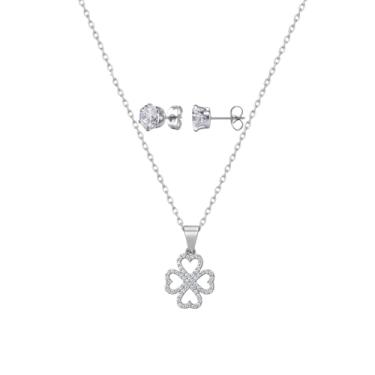 Imagem de Colar Corrente Feminina Pingente Trevo E Brinco Aço Inox