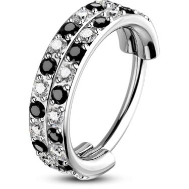 Imagem de OUFER Anéis de nariz 20G quadriculado para mulheres, argolas de nariz de aço cirúrgico 316L, argola dupla preta e transparente, segmento articulado, concha de septo, hélice, lábio, joia para homens