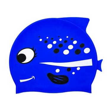Imagem de Touca de banho infantil de látex para meninas, cabelo comprido, cabelo encaracolado, tranças de dreadlocks, chapéu de natação (peixe com manchas azuis)