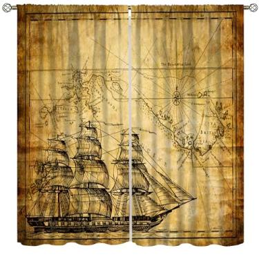 Imagem de AAVEUP Cortinas com mapa vintage, medieval, marrom, oceano, navio à vela, pirata, tratamentos de janela, isolamento térmico, cortinas de bolso para varão, para crianças, meninos, sala de estar, quarto