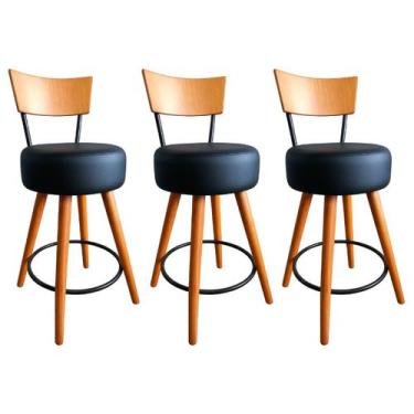 Imagem de Kit 3 Banqueta Média Cozinha Estofada Preta Com Encosto Madeira Urban 