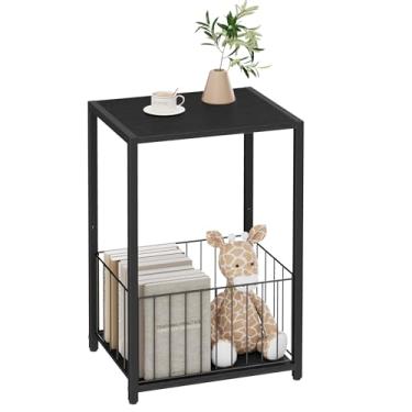 Imagem de Homleke Mesa lateral de 2 camadas com cesta de armazenamento removível, suporte para toca-discos com prateleira LP, mesa de canto para sala de estar, quarto ou cabeceira, fácil montagem, preta