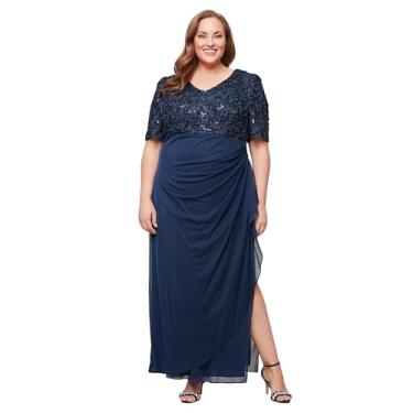 Imagem de Alex Evenings Vestido feminino longo plus size para mãe da noiva com decote em V, corpete de lantejoulas elásticas e cintura império, Soutache Puff azul-marinho, 58