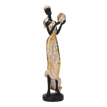 Imagem de BRABUD Estátua de resina negra brincando de pandeiro meninas africanas tribal senhora estatueta moderna decoração de casa coleção presente artesanato ornamentos 15,3" (H) TQGJBS633
