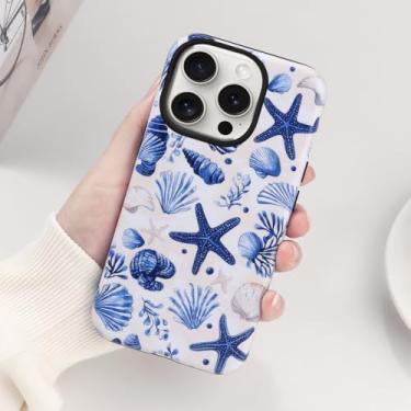Imagem de Zrutru Aesthetic Preppy Capa de telefone para iPhone 16 Pro Max 6,9 polegadas, linda estampa oceânica de verão, capa kawaii, estrela-do-mar, para mulheres e meninas, design rígido macio 2 em 1, capa