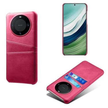 Imagem de Capas Compatível com Huawei MATE 60,Caso de couro PU-Tampa de telefone a prova de choque com 2 slots de cartão,Proteção anti-impressão digital e anti-gota-Rose Red
