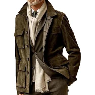 Imagem de Casaco De Couro Masculino Com Botão De Couro, Gola Casual Elegante, Bolso Múltiplo, Coffee 1, XXL