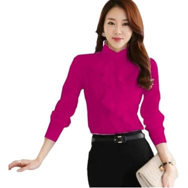 Imagem de Camisas Mulheres Babados Design Blusa Camisa Feminina Manga Comprida Gola Senhora Trabalho Formal Mulheres Tops, Rose Red, XL