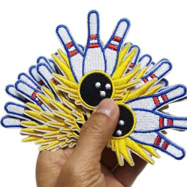 Imagem de FSFYXHC Conjunto de 12 peças de bola de boliche esporte ferro em remendos bordados apliques à máquina bordado bordado bordado costura crianças meninas meninos DIY 6,3 cm x 7 cm