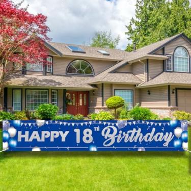 Imagem de Banner de quintal de feliz aniversário de 18 anos de prata azul de 2,8 x 4 m, faixa grande de aniversário para crianças, homens e mulheres.