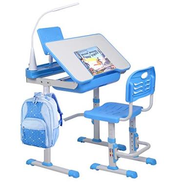 Imagem de SMAGREHO Conjunto de mesa e cadeira para crianças, mesa de estudo escolar com altura ajustável com mesa inclinada, luz LED, gaveta de armazenamento, suporte de livros azul