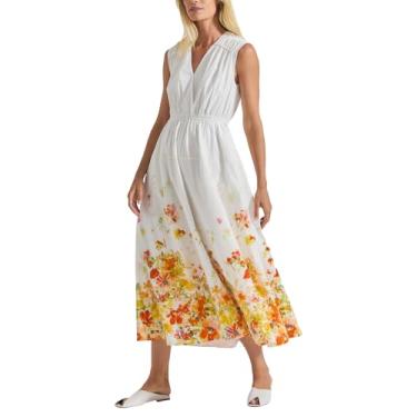 Imagem de Derek Lam 10 Crosby Maxi feminino Nara Border Print Algodão Popeline Cinch Cintura Maxi, Branco/Papaya Multi, 46