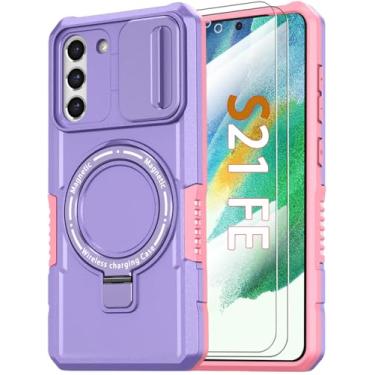 Imagem de Capa magnética para Samsung Galaxy S21 FE 5G com suporte de anel [compatível com carregamento sem fio MagSafe] [2 protetores de tela] Capa resistente à prova de choque de grau militar com capa de