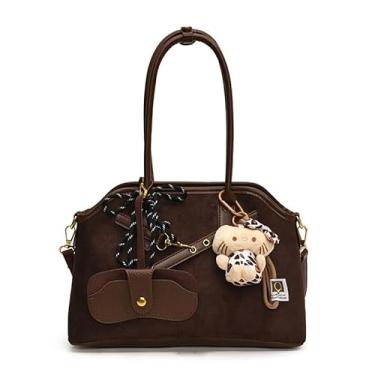 Imagem de Base'ic Bolsa de ombro de lona feminina, bolsa quadrada macia com alças duplas, bege com acabamento preto, grande capacidade, Marrom