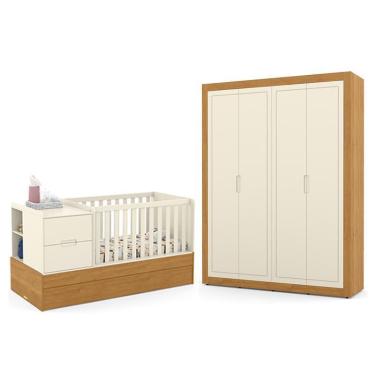 Imagem de Jogo de Quarto Infantil Tutto New com Guarda Roupa 4 Portas e Berço Multifuncional Formare - Matic Móveis Off White/Freijó
