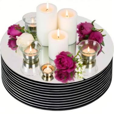 Imagem de 12 peças de centro de mesa redondas espelhadas para decoração de mesas, bandeja de espelho circular de acrílico de 20 cm, placa de vela, decoração de mesa para decoração de casamento, festa, decoração