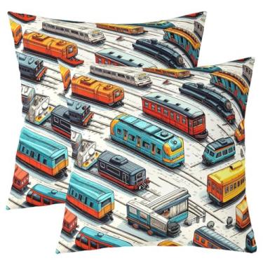 Imagem de Capa de almofada Train Kids, capa de almofada de dois lados para locomotiva a vapor Choochoo, trem bala, trem bala, moda, moderna, azul-petróleo, bege, sofá, 2 unidades, 45,72 x 45,72 cm