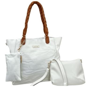 Imagem de Kit 3 Peças Bolsa Grande, Bolsinha Média Transversal e Carteira Feminina Alça Trançada Necessaire (Branco Caramelo)