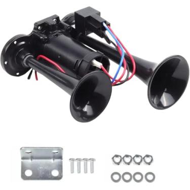 Imagem de Buzinas de trem elétricas pretas duplas de atualização 12V 600DB para caminhões, SUVs, carros, barcos, motocicletas, kit de buzina de ar com compressor