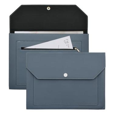 Imagem de VANRA Pasta de arquivo expansível de couro PU organizador de documentos com botão de pressão bolso com zíper, capa de pasta envelope para papel tamanho carta A4 (azul escuro)