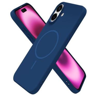 Imagem de oakxco Capa de silicone para iPhone 16 Plus, capa magnética fina e fina compatível com carregamento sem fio Magsafe, capa de gel de borracha macia estética feminina fofa para mulheres e meninas, azul