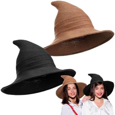 Imagem de Boyiee 2 Pcs Knitted Witch Hat Foldable Wide Brim Cap Pointed Felt Hat for Women Kids Masquerade Accessory Halloween Costume (56-58 cm,Black,Caramel)