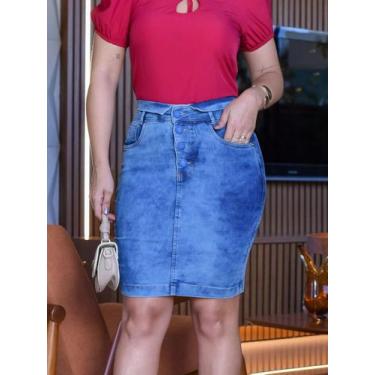 Imagem de Saia Feminina Jeans Lapis Botão Encapado - NoBrand, Azul, GG