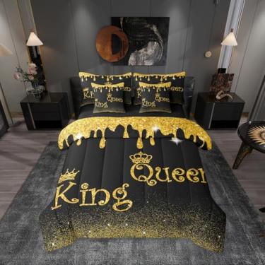 Imagem de Conjunto de edredom infantil King and Queen, tamanho Queen, coroa romântica com glitter, 7 peças, decoração de casal amor real para meninas e meninos, preto dourado (elástico + lençol + 2 fronhas + 2