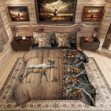 Imagem de Erosebridal Jogo de lençol King com estampa de alce, 7 peças, para crianças, meninos, caça na floresta, cabana rústica, animais selvagens, folhas de campo, chalé, casa de fazenda