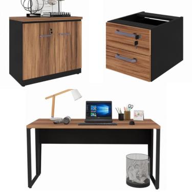 Imagem de Conjunto Escritório Office Escrivaninha Armário Baixo e Gaveteiro com Chave Cor Marrom/Preto - Yaris